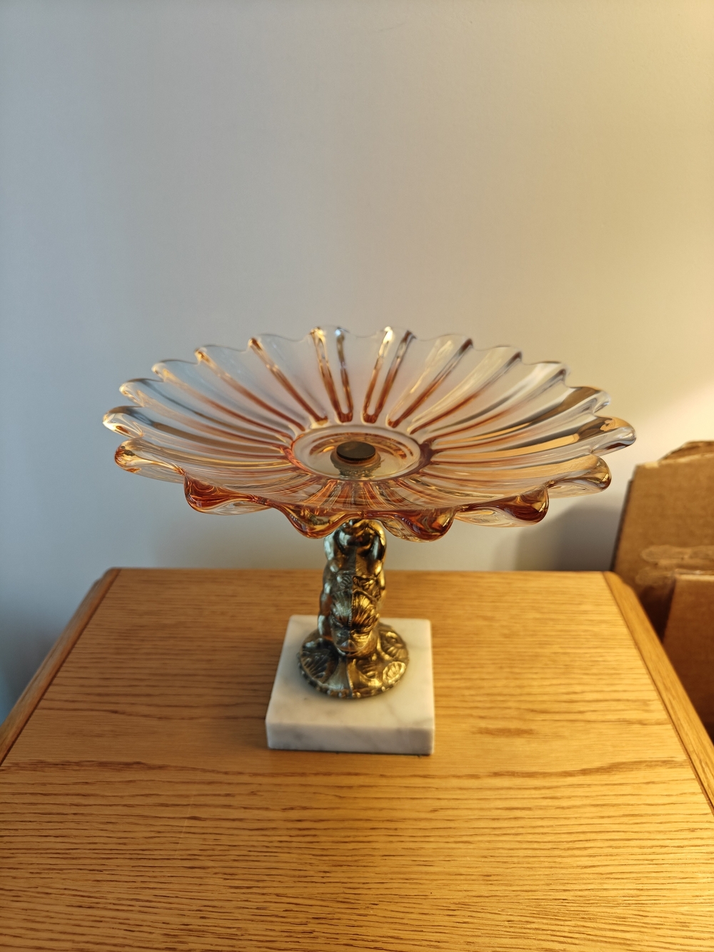 Hollywood Regency Pedestal Compote Scalloped Fluted Amber-tinted Glass Bowl